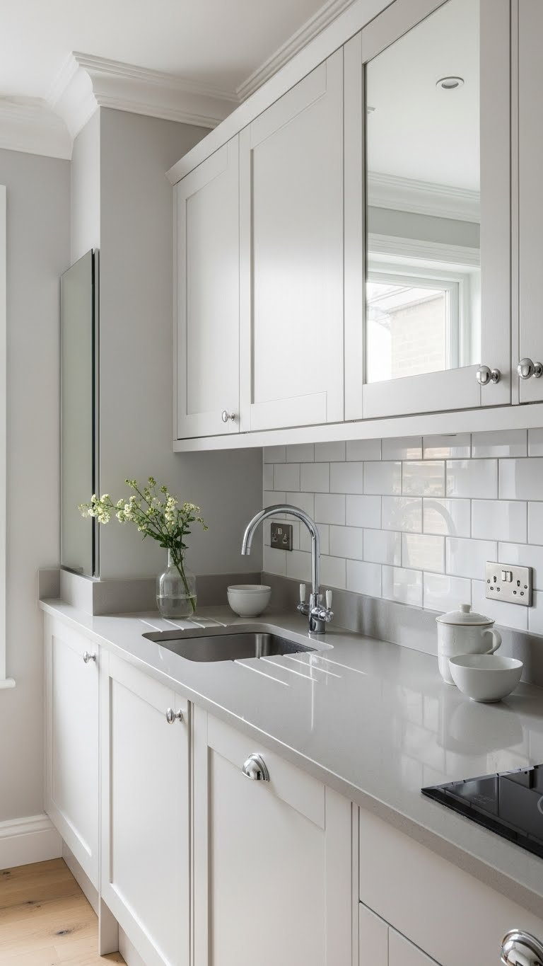 Serene UK kitchen with white cabinetry, pale quartz countertops, and frameless mirror creating spacious illusion