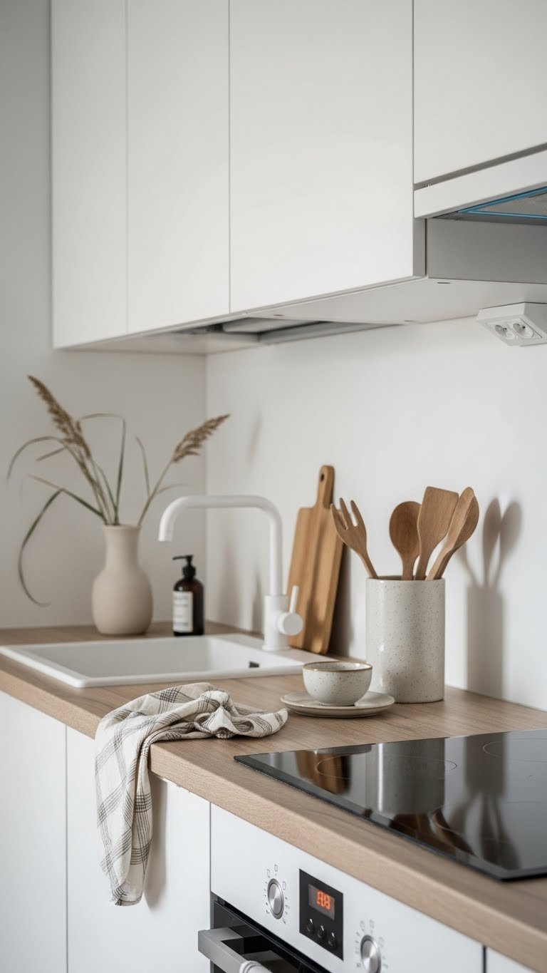 9 Genius Minimalist Apartment Kitchen Ideas: Small Space Hacks 7 Serene minimalist kitchen interior with calm color palette of soft whites and light wood tones creating airy open feel