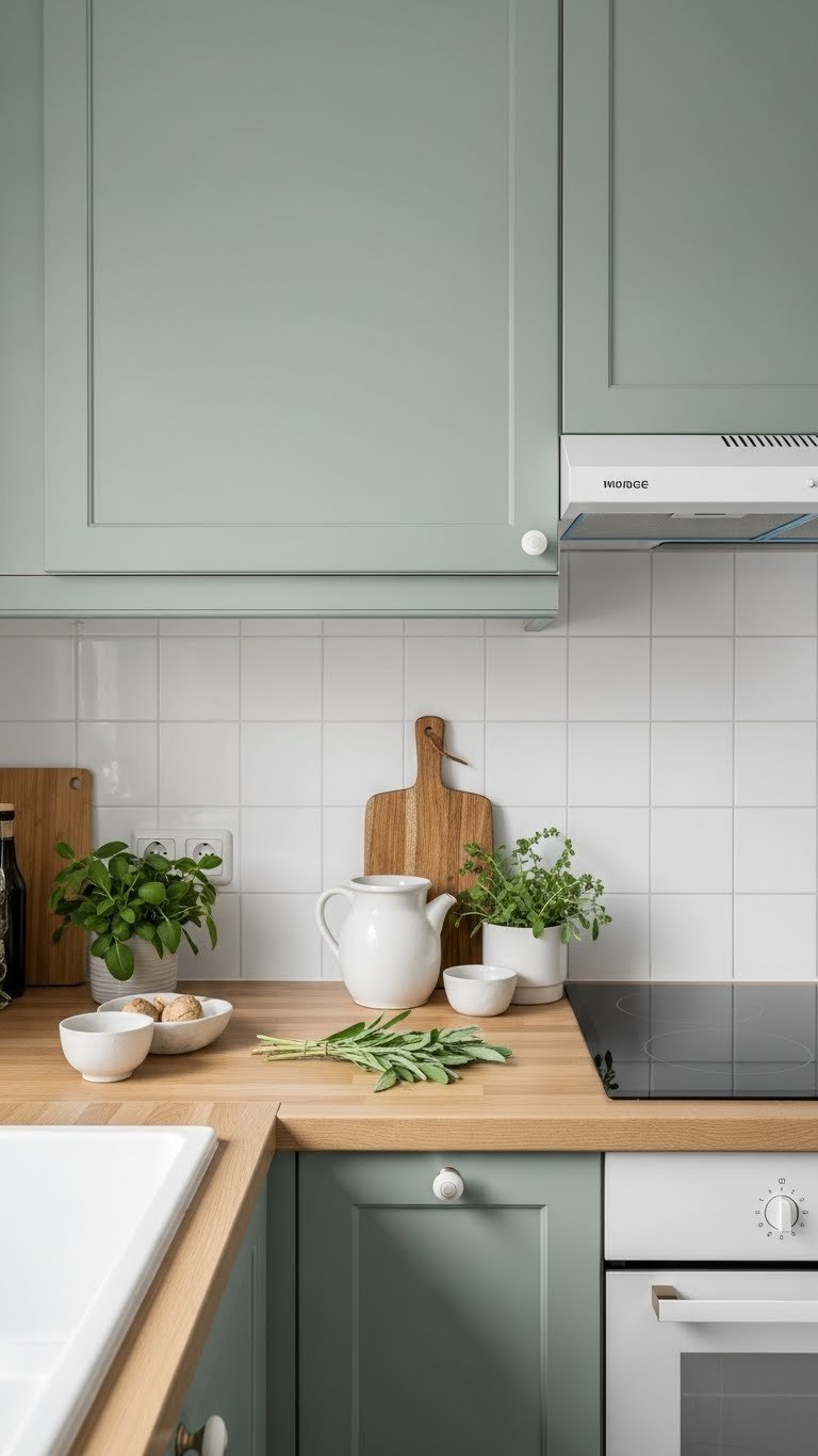 Serene sage green kitchen cabinets with natural light in a small apartment featuring warm wood countertops and minimalist decor