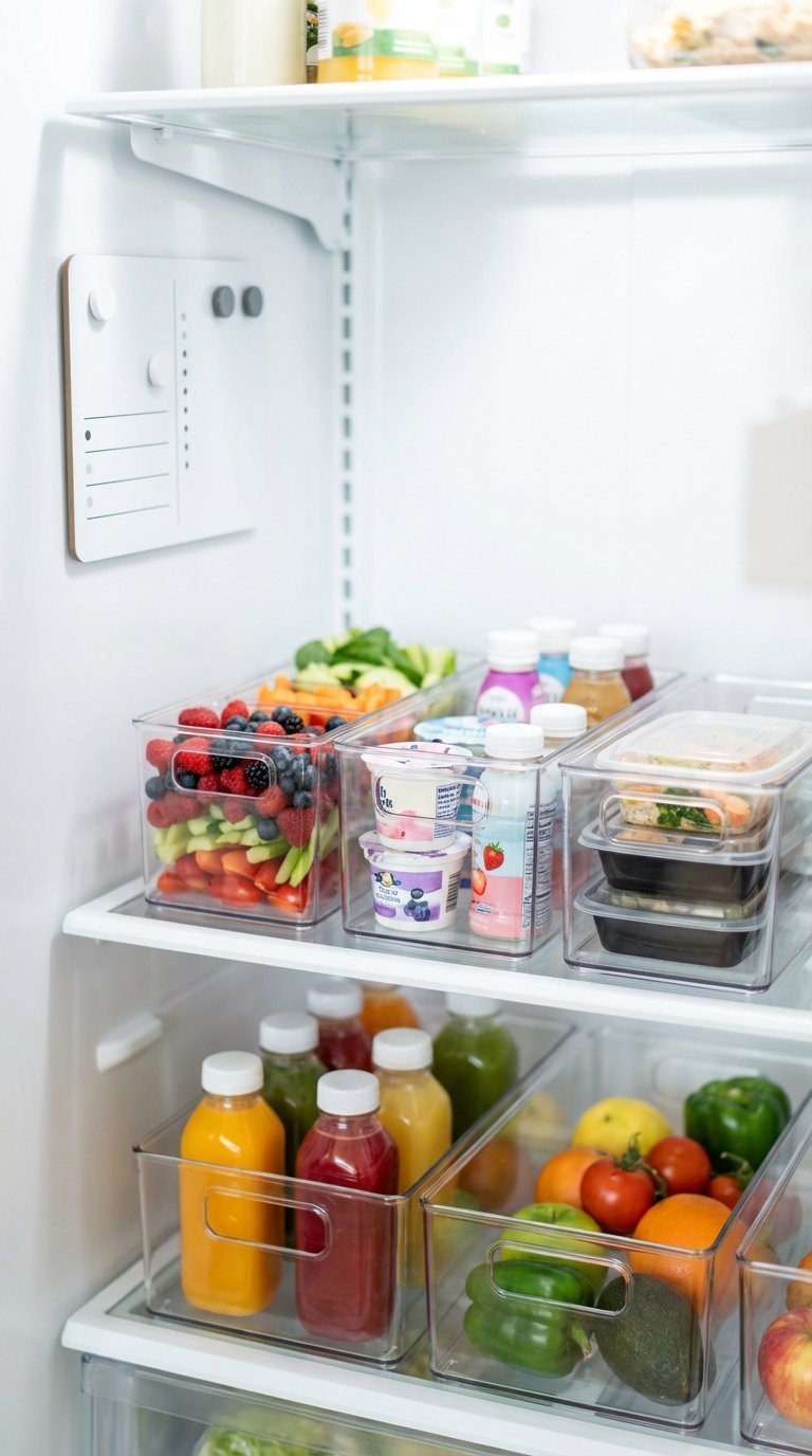 Shared fridge organization with clear storage bins and labeled zones for roommate efficiency