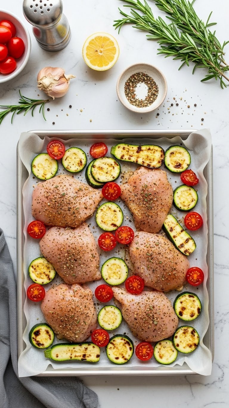 Sheet pan with seasoned chicken pieces, zucchini slices, and cherry tomatoes arranged on parchment-lined baking sheet.