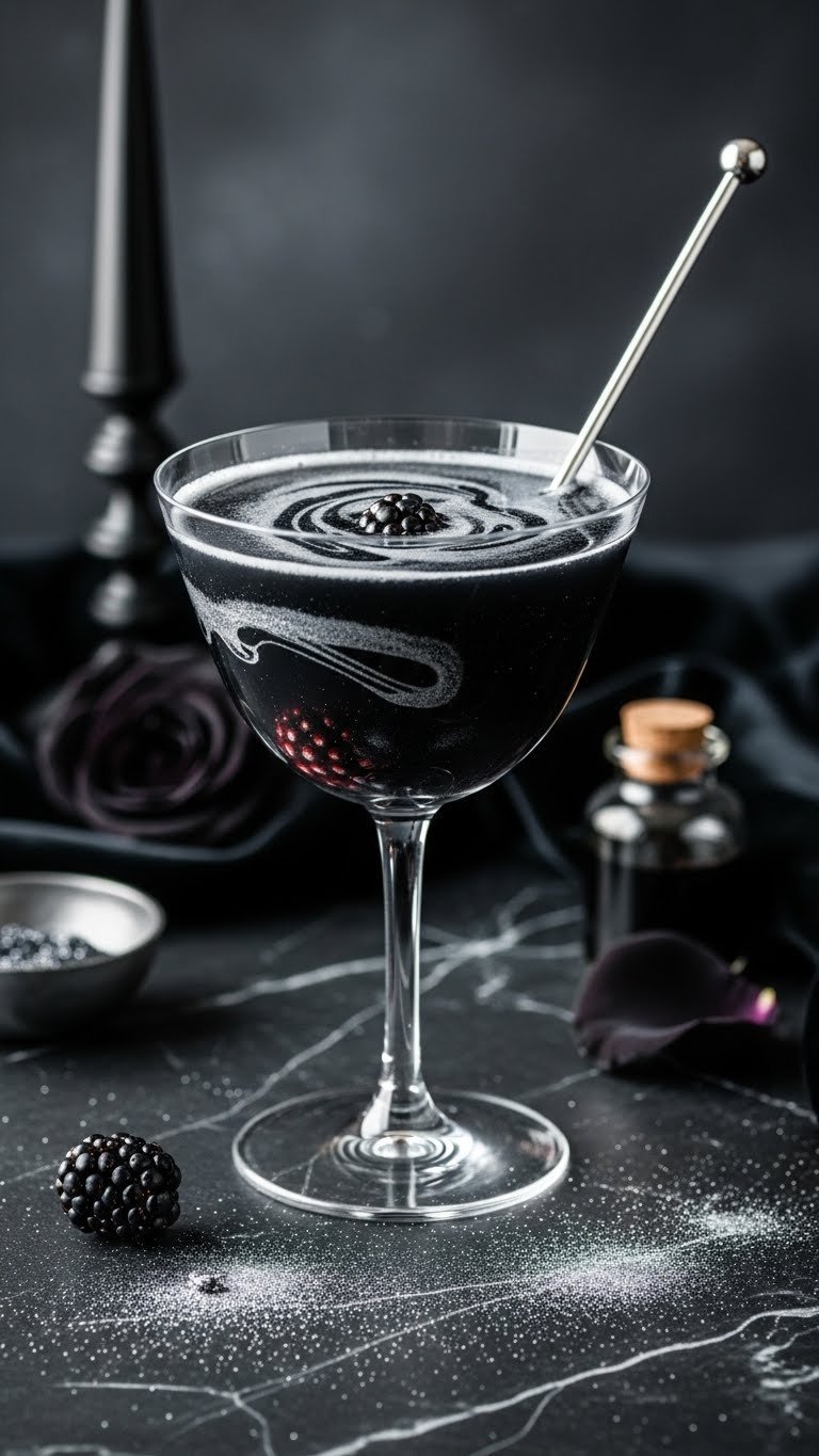 Shimmery black magic elixir mocktail in elegant stemmed glass on polished black marble with silver stirrer