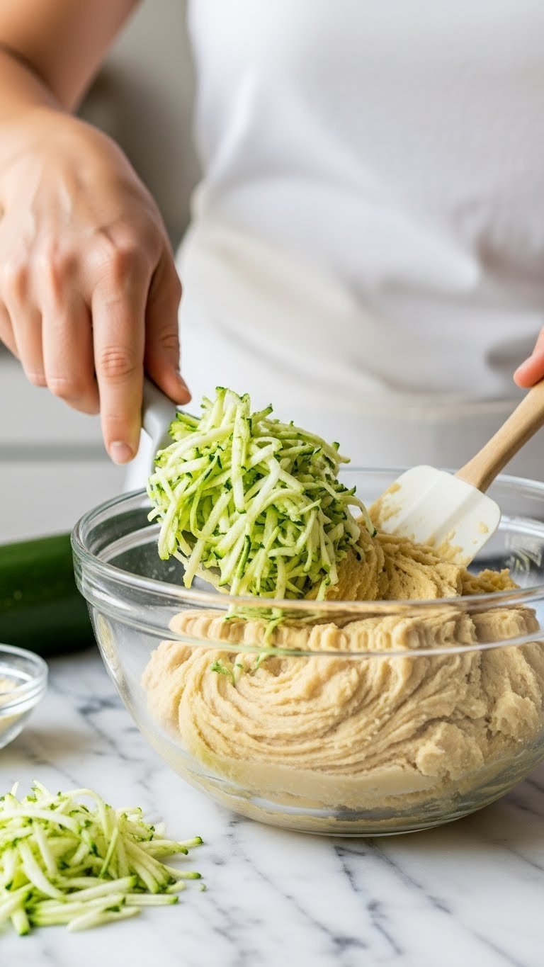 Shredded zucchini being mixed into pale yellow cookie dough creating marbled effect in large mixing bowl