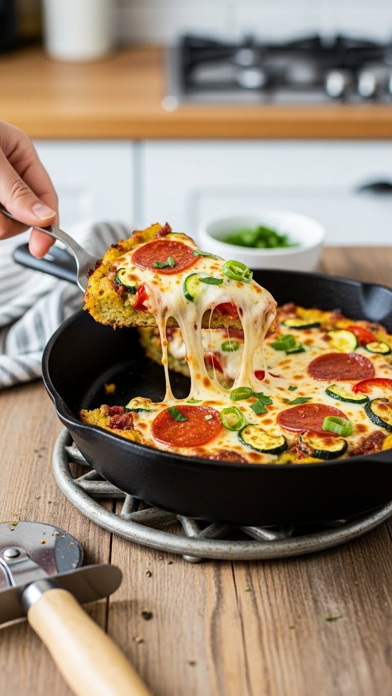 Easy Crispy Zucchini Keto Pizza Baking Recipes 7 Sizzling skillet zucchini keto pizza in cast iron skillet with crispy base, bubbly cheese, and colorful pepperoni toppings