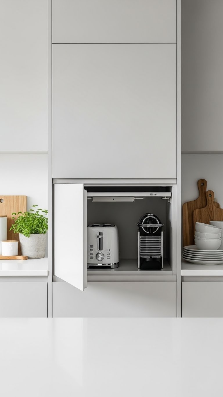 Sleek apartment kitchen with concealed appliances hidden behind seamless cabinet doors for uncluttered counter