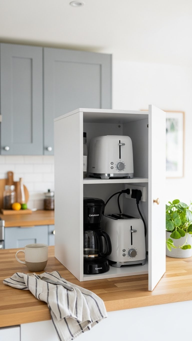 Sleek appliance garage concealing coffee maker and toaster for clutter-free apartment kitchen counter