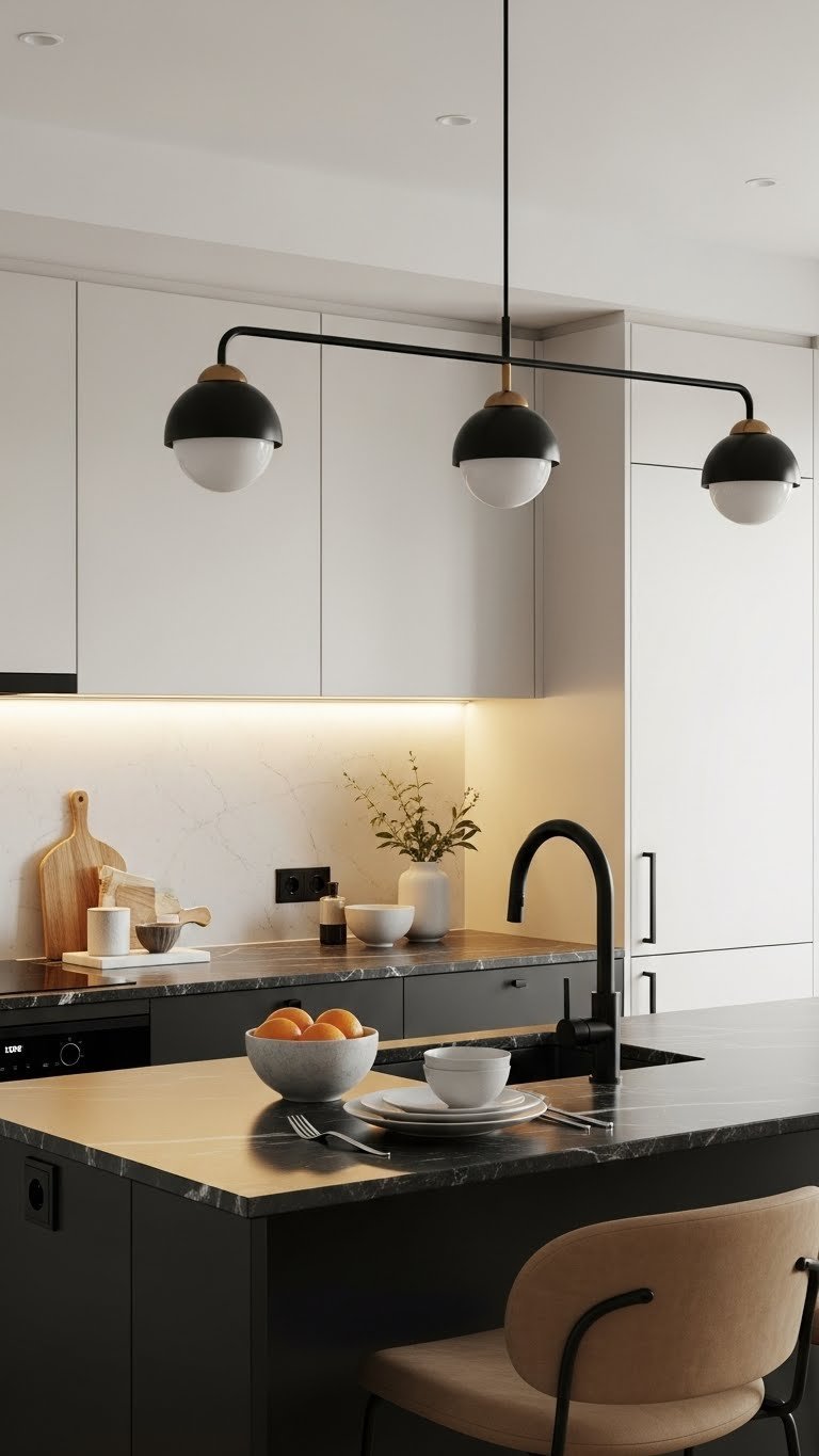 Sleek black and white kitchen illuminated by modern pendant lighting over island with under-cabinet lighting and citrus bowl