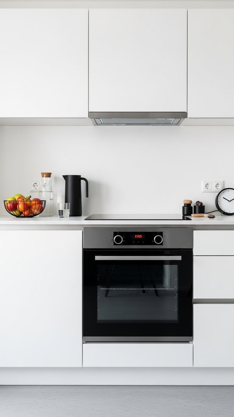 Sleek black and white kitchen with integrated appliances hidden behind cabinet panels and minimalist design featuring bowl of fresh fruit