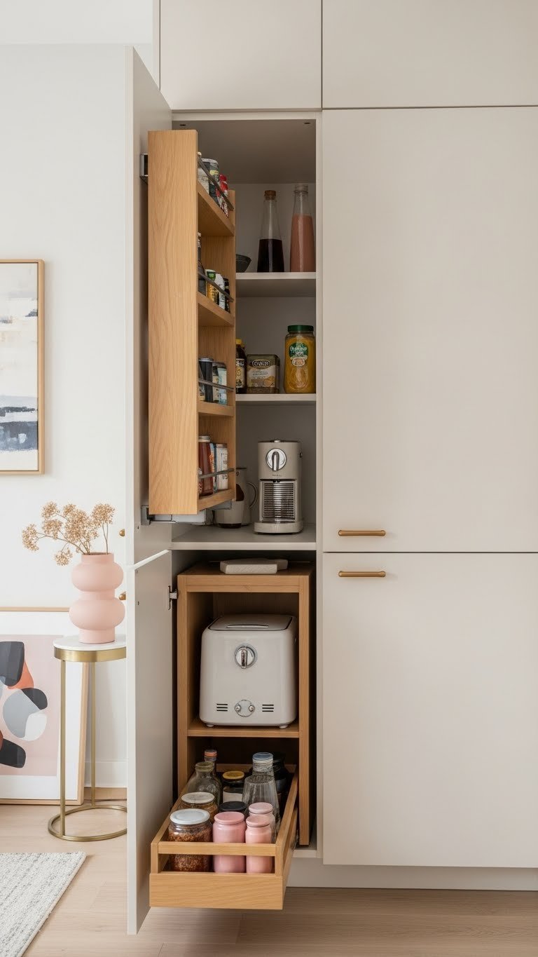 Sleek built-in storage solution with custom cabinetry concealing pantry items in minimalist studio kitchen interior