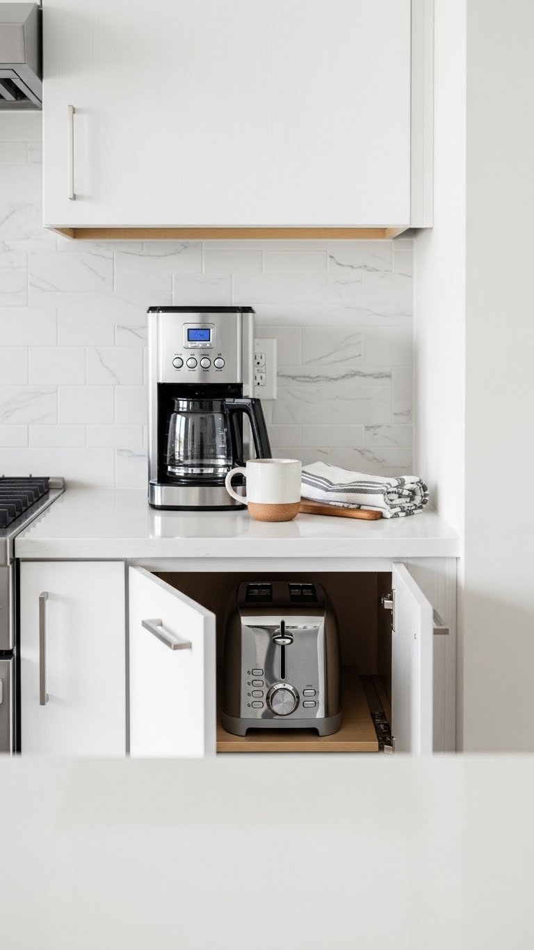 Sleek compact coffee maker concealed beneath kitchen cabinet with quartz countertop and soft bokeh background