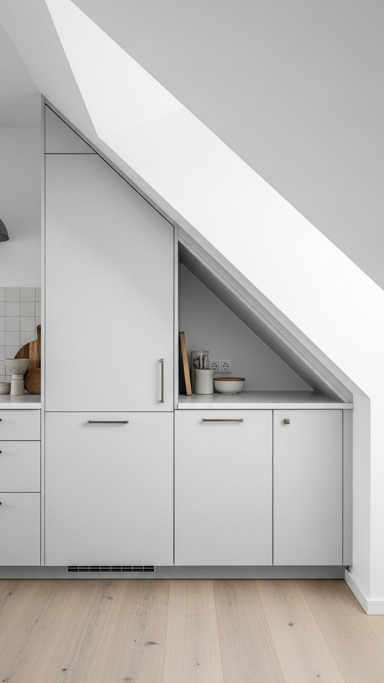 11 Genius Attic Kitchen Ideas For Slanted Ceilings 1 Sleek custom-built low-profile kitchen cabinets fitted under angled attic ceiling demonstrating clever space utilization in bright attic kitchen