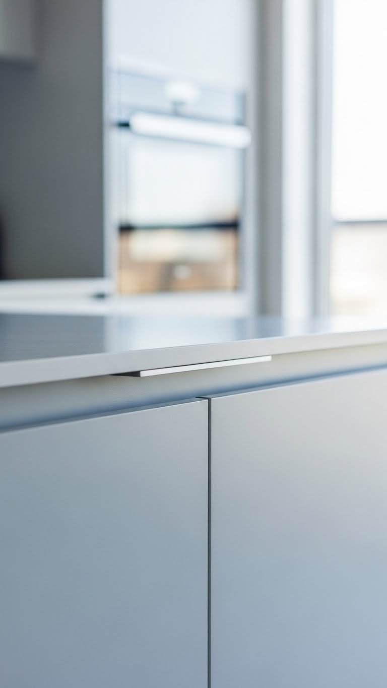 9 Genius Minimalist Apartment Kitchen Ideas: Small Space Hacks 5 Sleek handleless kitchen cabinet front with integrated finger pulls and smooth matte finish in light neutral tone