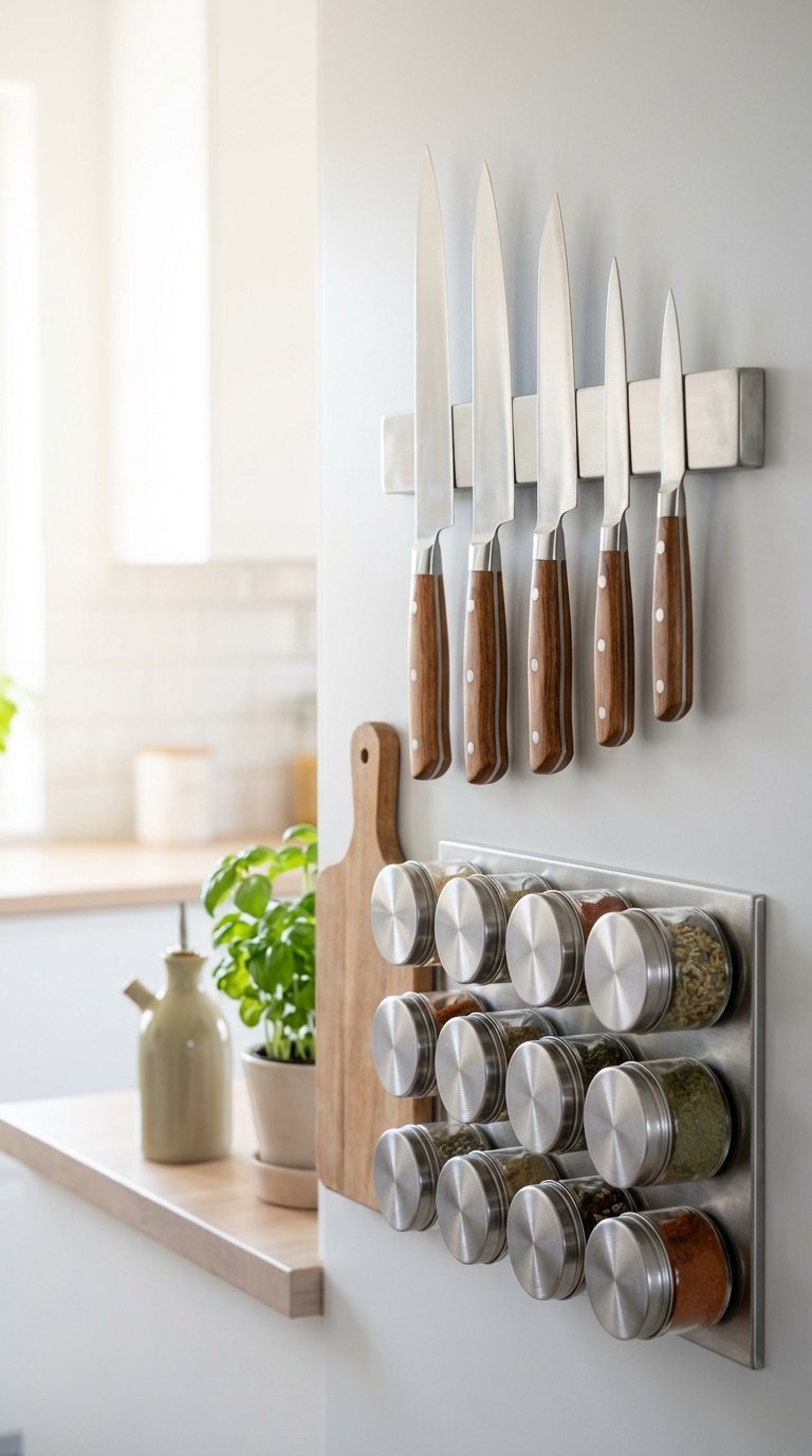 Sleek magnetic knife strip and spice rack organization in a compact kitchen with polished knives and minimalist design against blurred background.