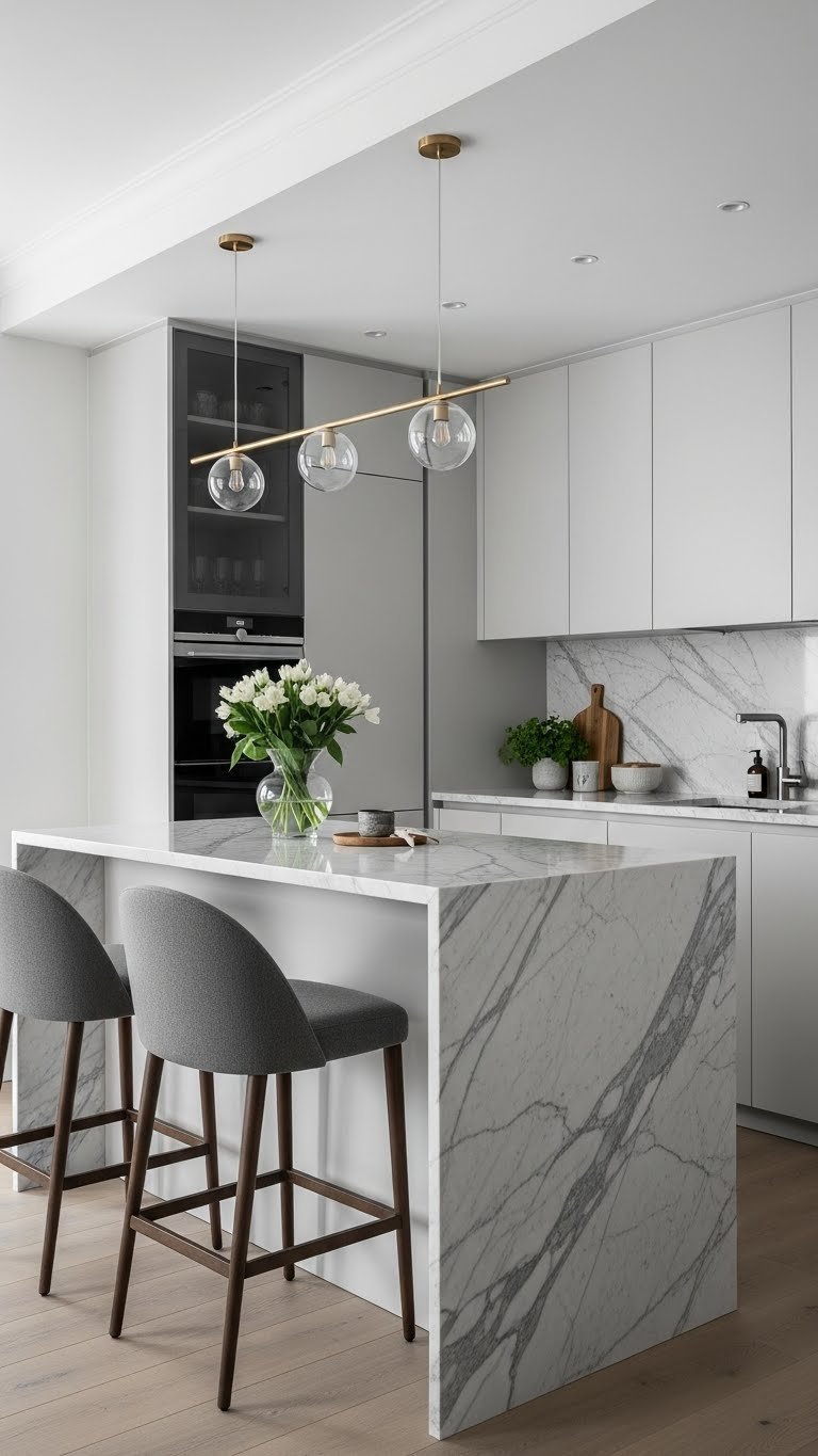 Sleek marble kitchen island with waterfall edge and gray veining featuring bar stools in modern apartment kitchen