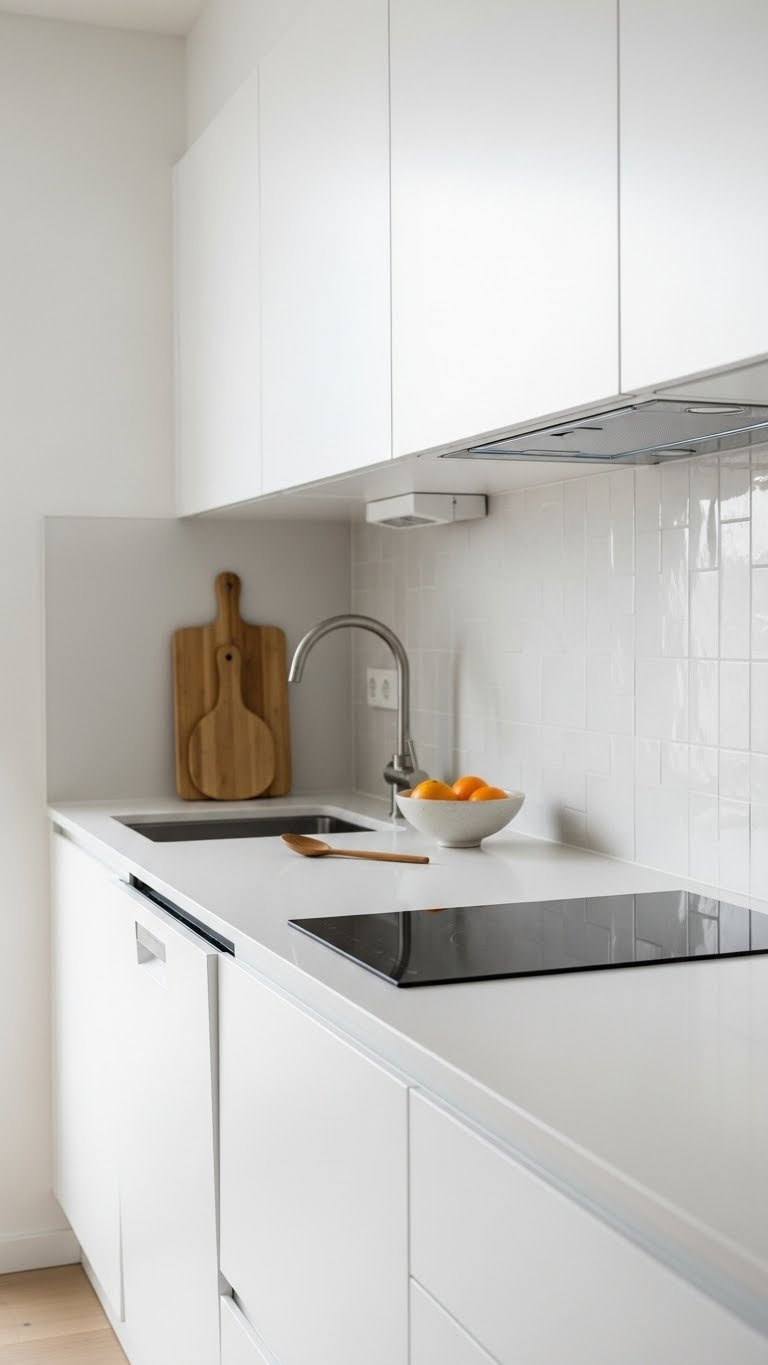 Sleek minimalist countertop featuring integrated dishwasher and slim modern cabinetry with panel-ready refrigerator