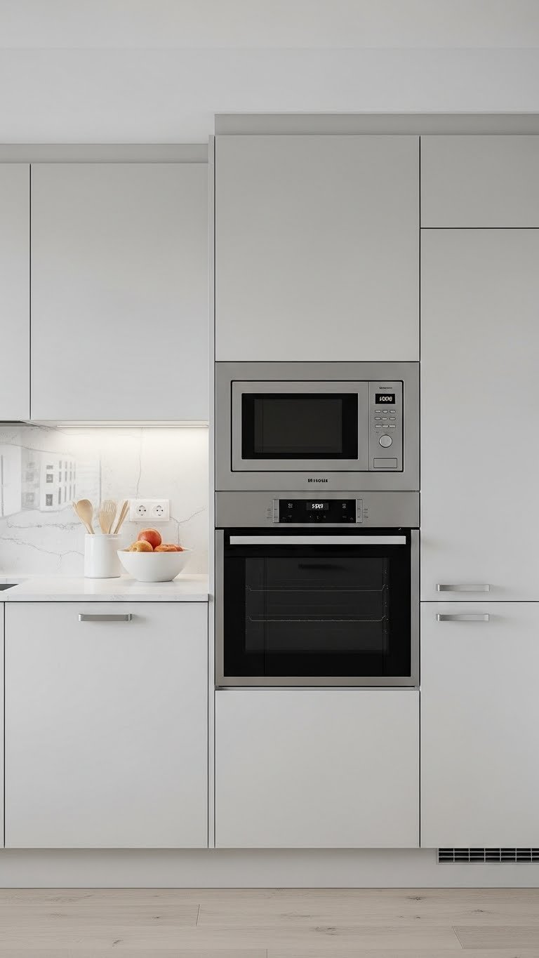 Sleek modern L-shaped kitchen with integrated appliances including dishwasher and built-in microwave in minimalist cabinetry