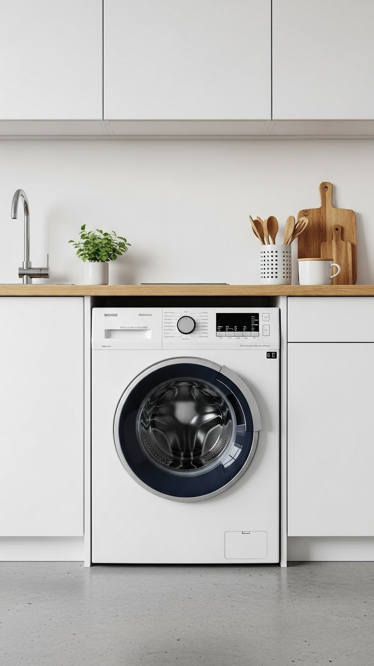 Sleek modern kitchen with under-counter front-loading washing machine integrated beneath minimalist countertop