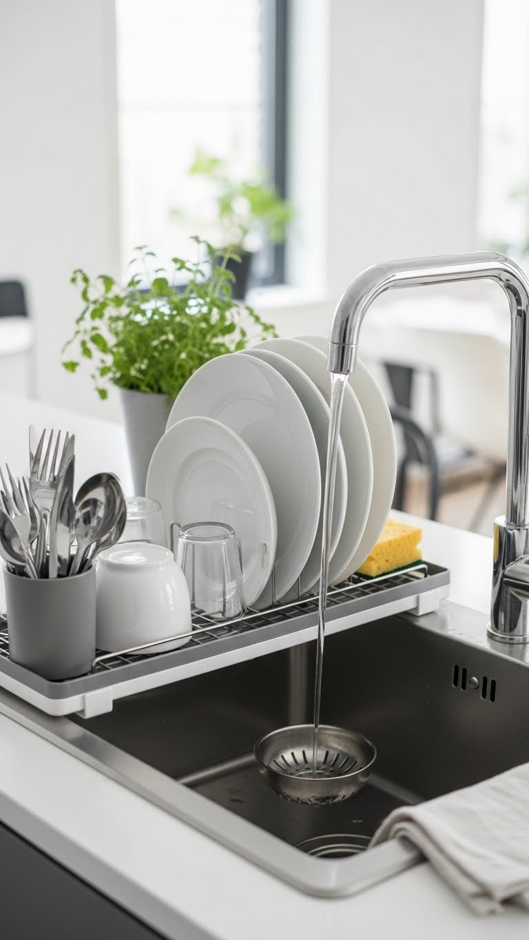 Sleek over-the-sink dish rack holding white dishes and silver utensils in a compact NYC apartment kitchen with soft bokeh background