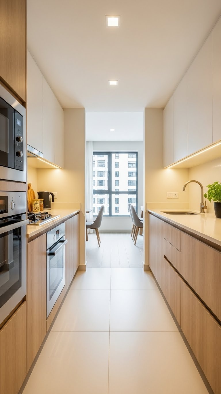 Sleek parallel kitchen in Indian apartment showcasing narrow aisle with two countertops and smart space utilization