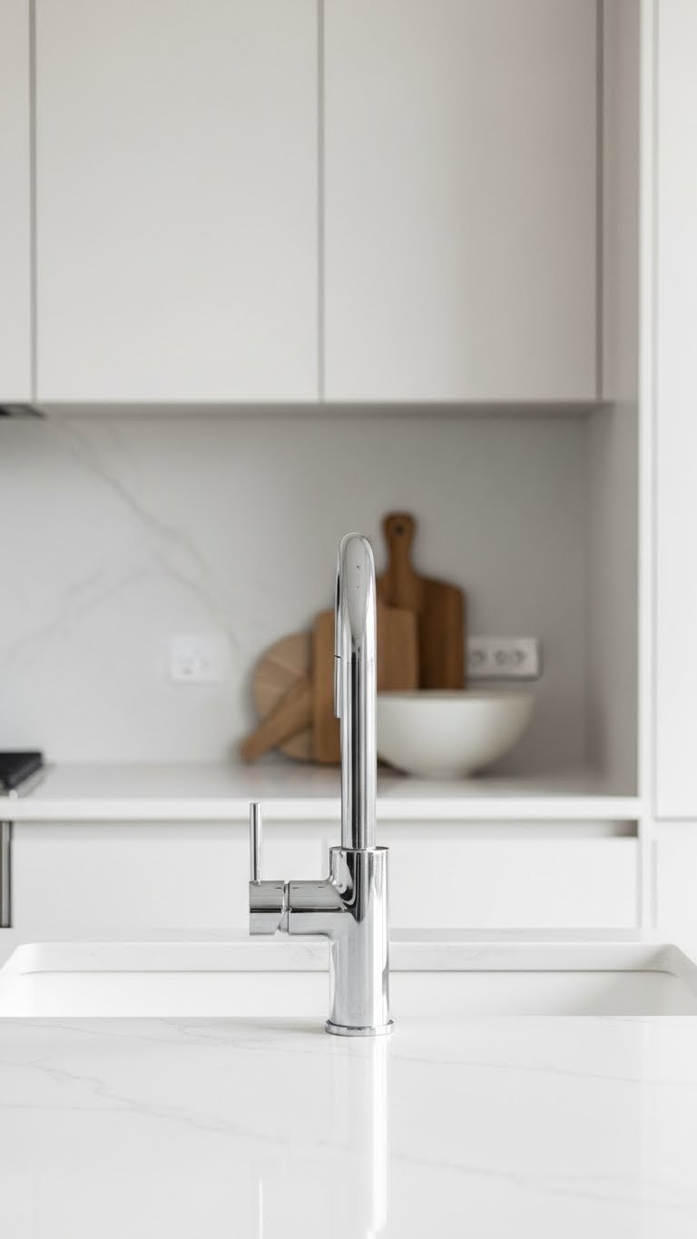 9 Genius Minimalist Apartment Kitchen Ideas: Small Space Hacks 15 Sleek quartz kitchen countertop with polished surface showcasing sophisticated simplicity and minimalistic design