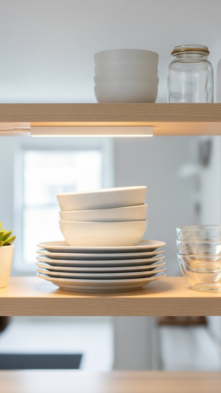 Ultimate Apartment Kitchen Led Lights: 7 Diy Renter Upgrades 6 Sleek rechargeable LED bar light under kitchen shelf illuminating stack of white ceramic plates and bowls