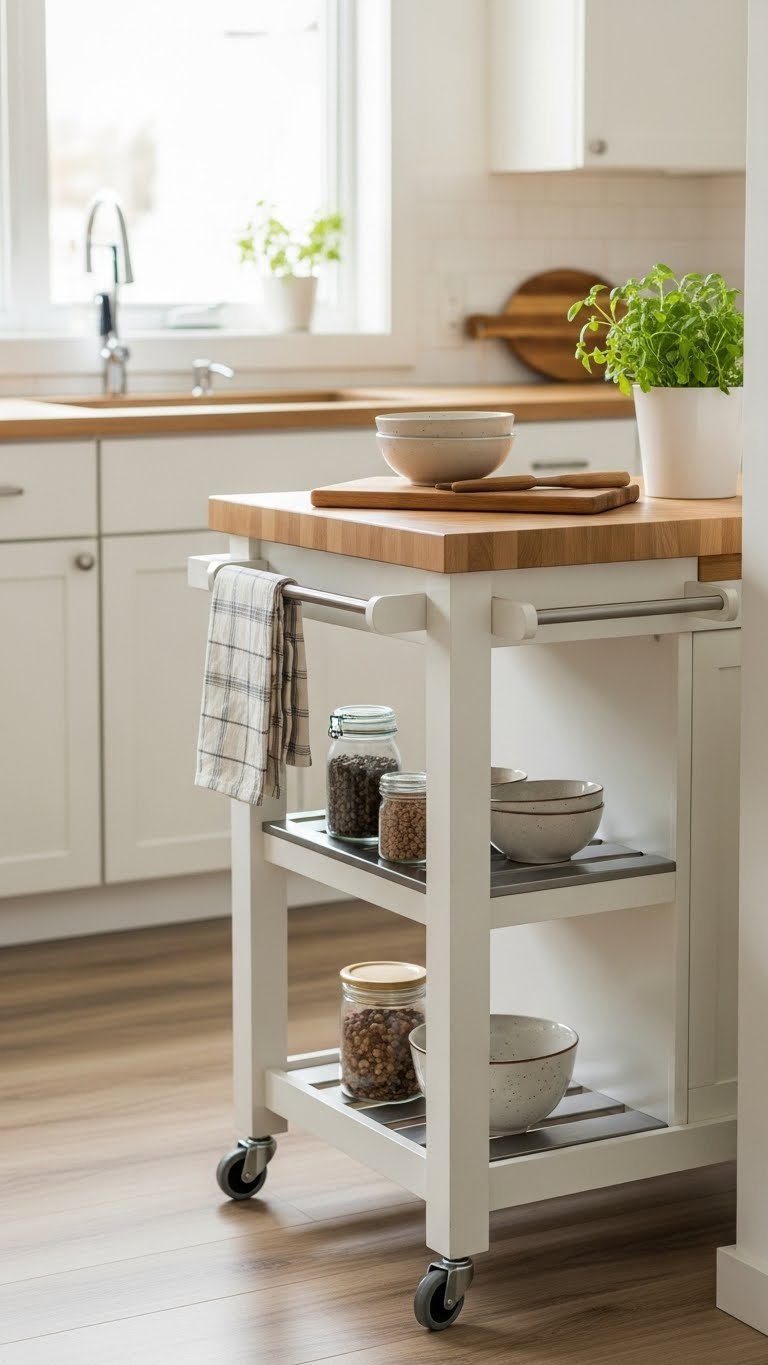 Sleek rolling kitchen cart with butcher block top and storage shelves in compact apartment kitchen with soft daylight background