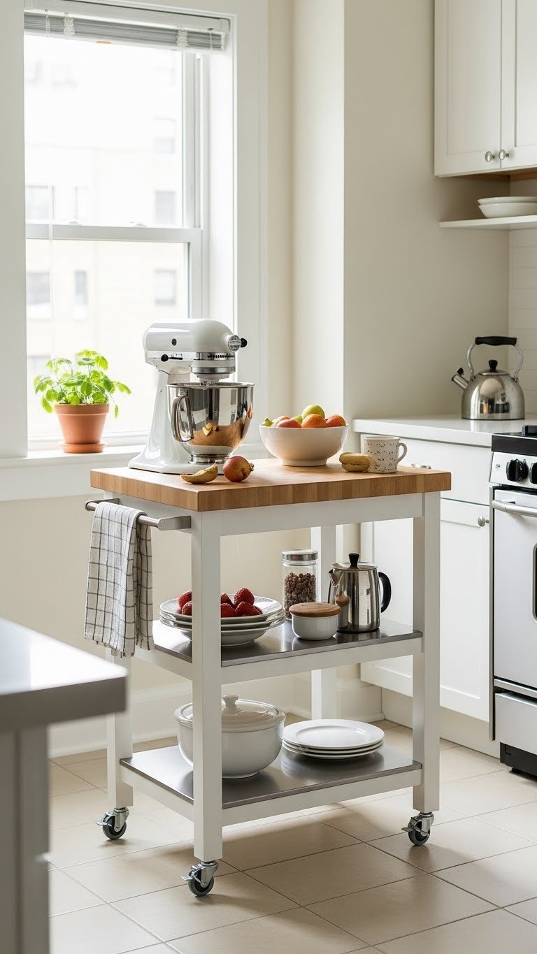 Sleek rolling kitchen cart with butcher block top holding stand mixer and fruit in small apartment