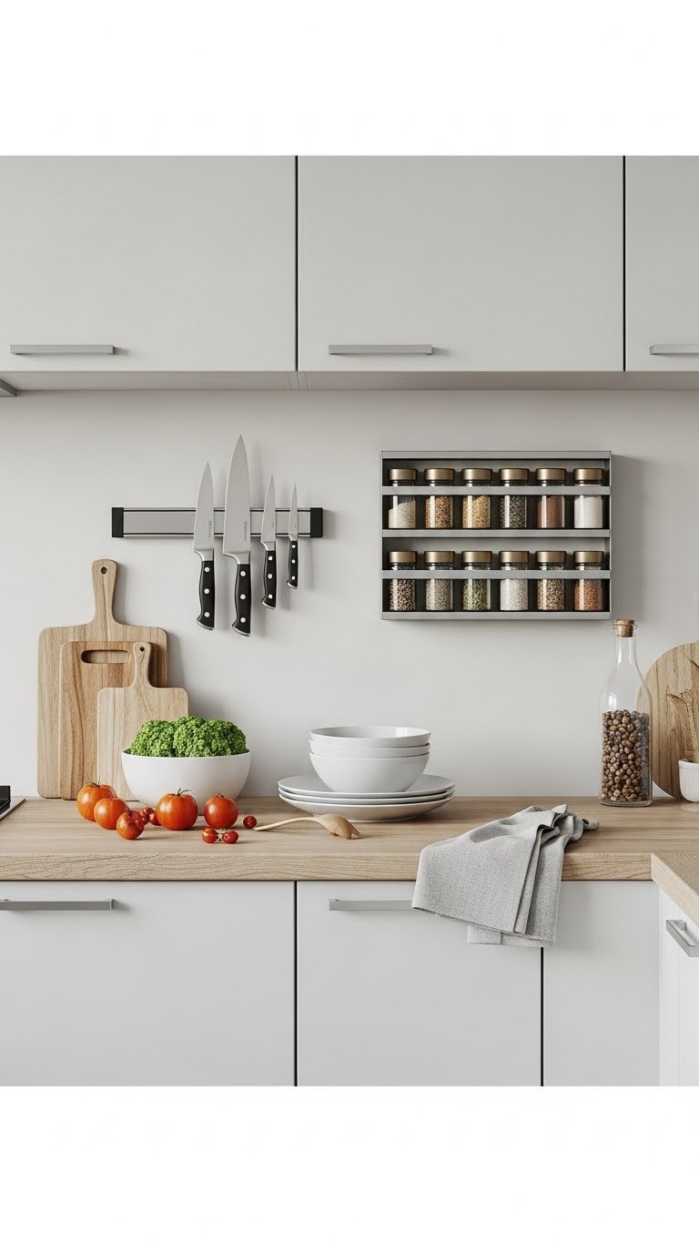 Sleek wall-mounted magnetic knife strip holding kitchen knives above cutting board for space-saving functional wall decor.