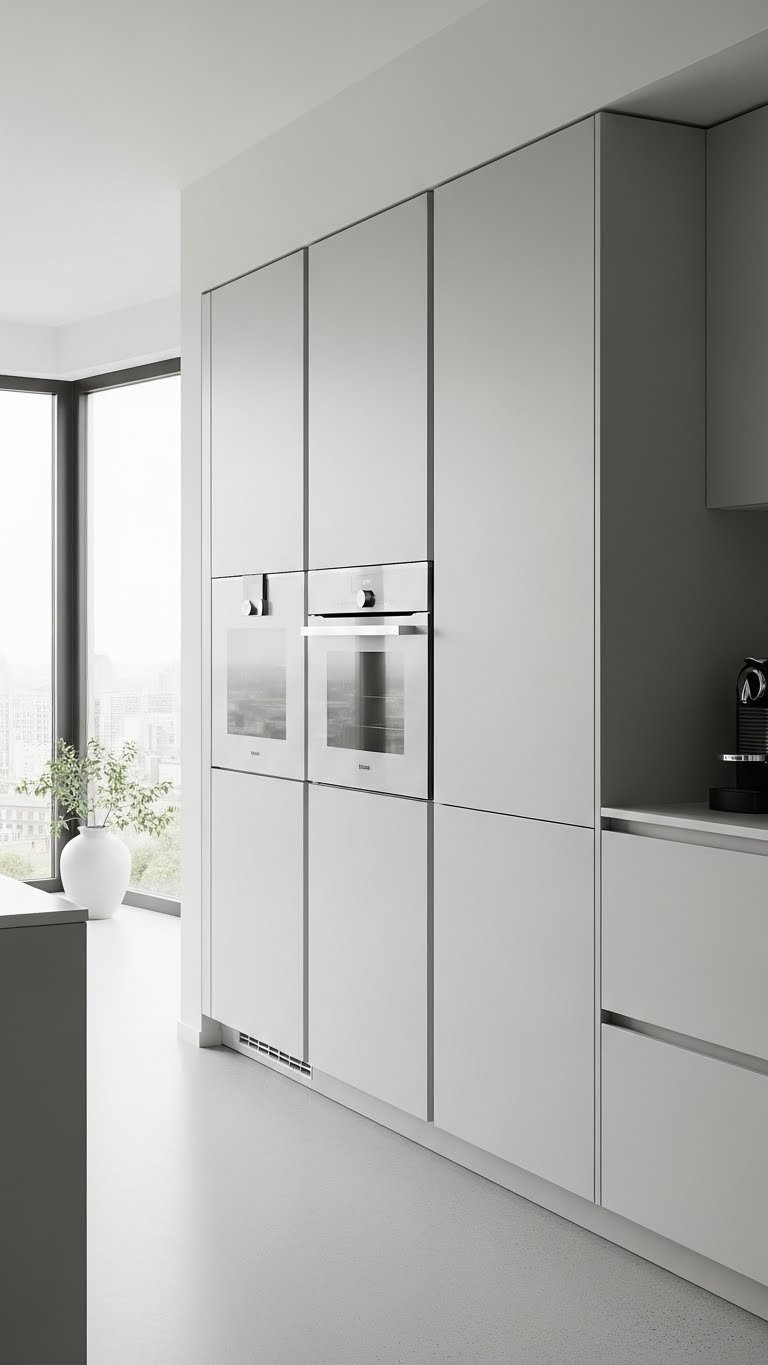 Sleek white handleless custom cabinetry with integrated panels in minimalist luxury kitchen featuring soft bokeh background and urban skyline view