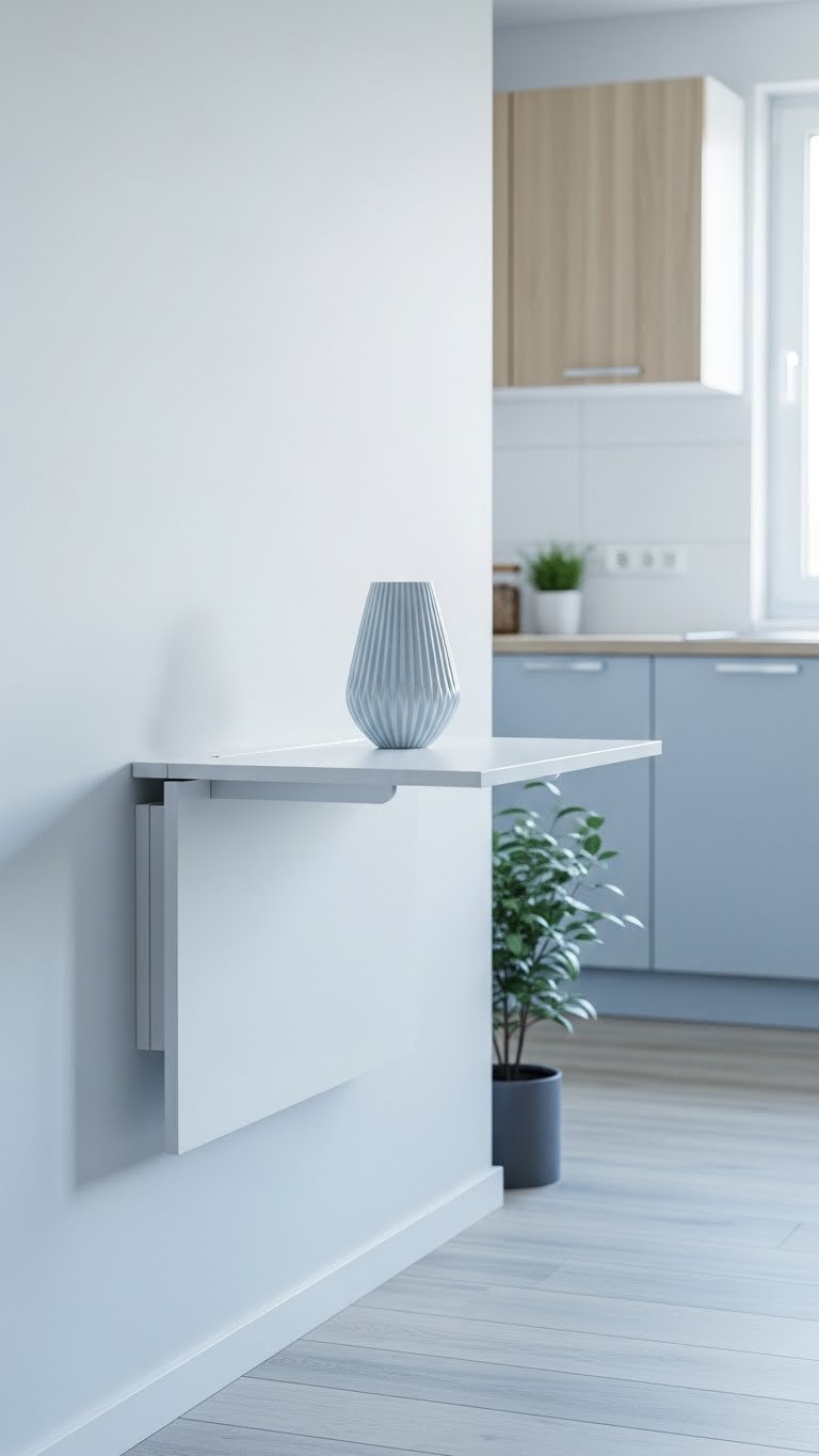 Sleek white wall-mounted folding table blending into modern kitchen wall with decorative vase on top