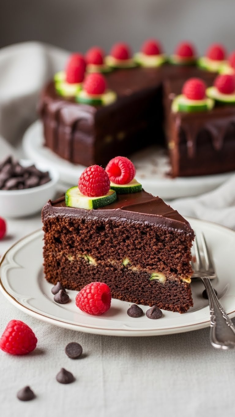 Slice of decadent gluten-free chocolate zucchini cake with rich fudgy texture and chocolate ganache on vintage ceramic plate