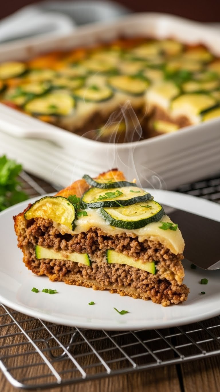 Slice of finished ground beef zucchini bake resting on plate showcasing tender zucchini and melted cheese layers