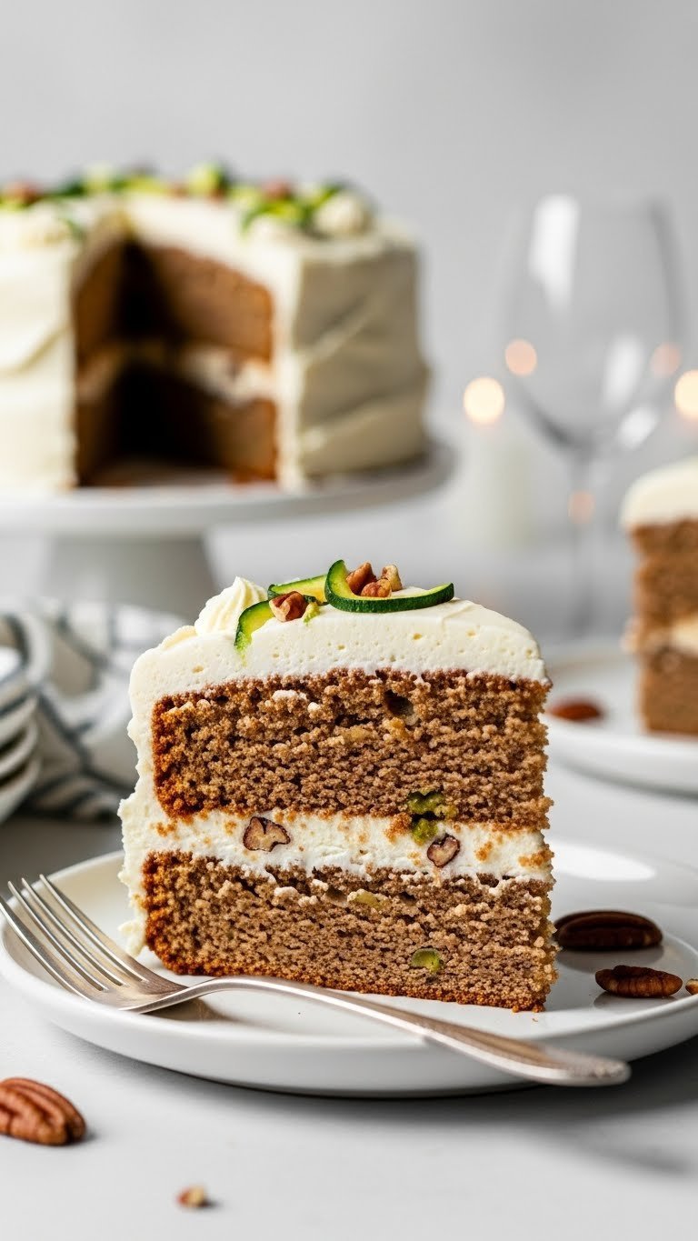 Slice of keto zucchini cake with cream cheese frosting showing layered structure and green zucchini specks on white plate