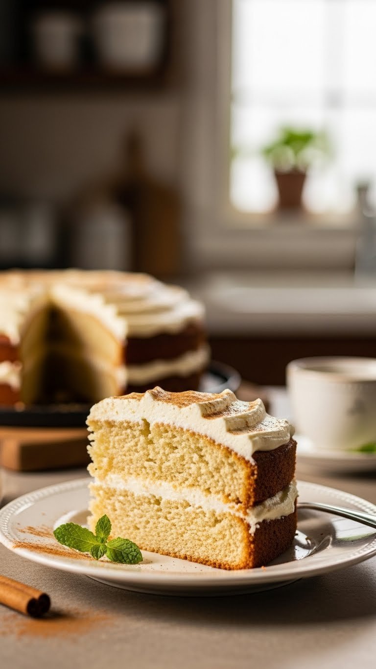 Slice of moist zucchini cake with cream cheese frosting on vintage ceramic plate in rustic kitchen