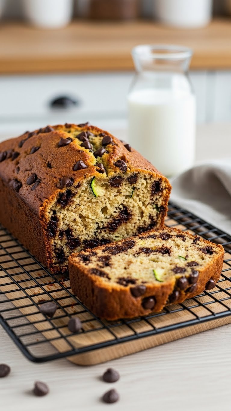 Sliced chocolate chip zucchini bread on black wire cooling rack showing moist interior texture
