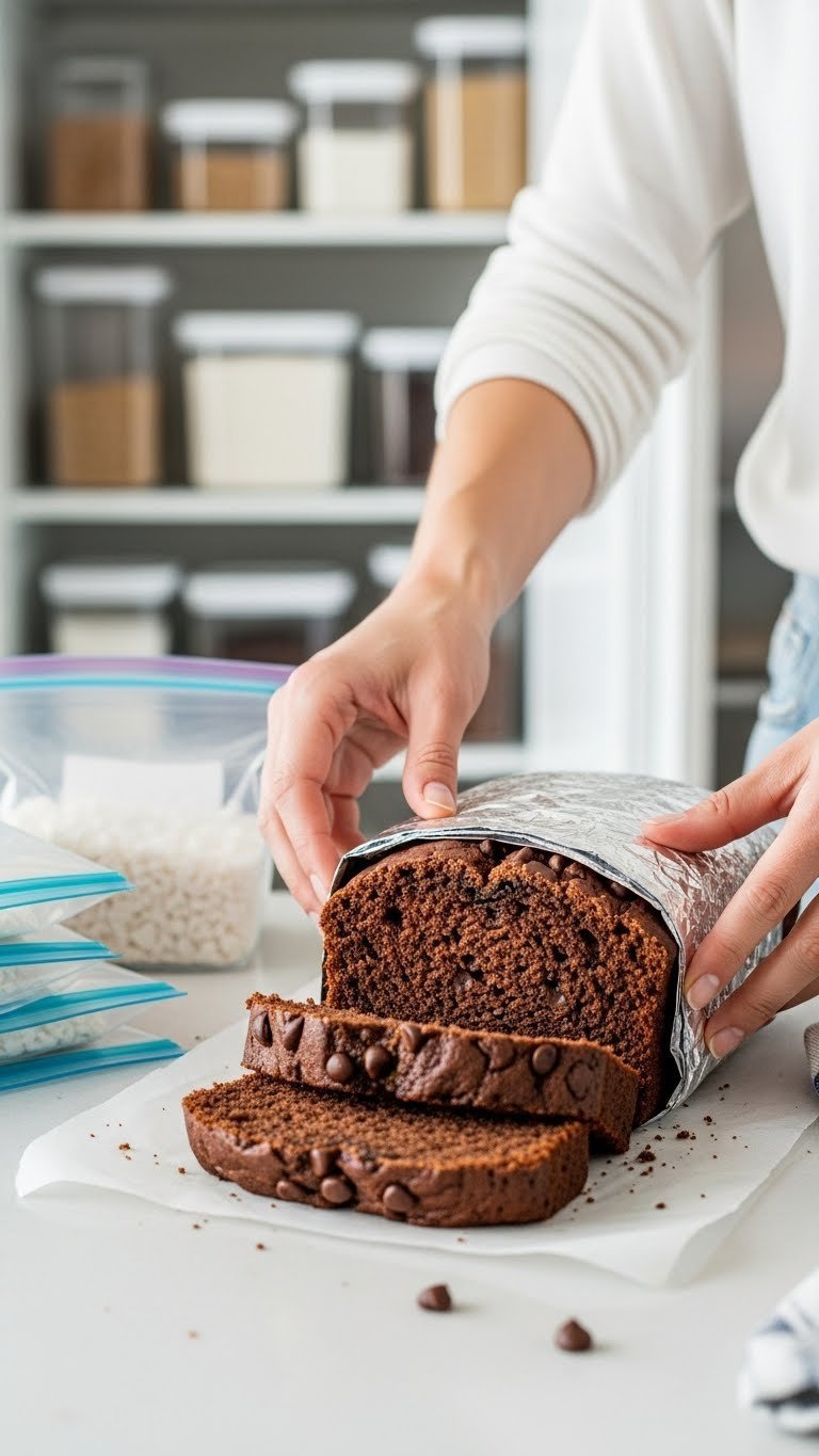 Sliced chocolate zucchini bread being wrapped for storage in airtight container with visible chocolate chips