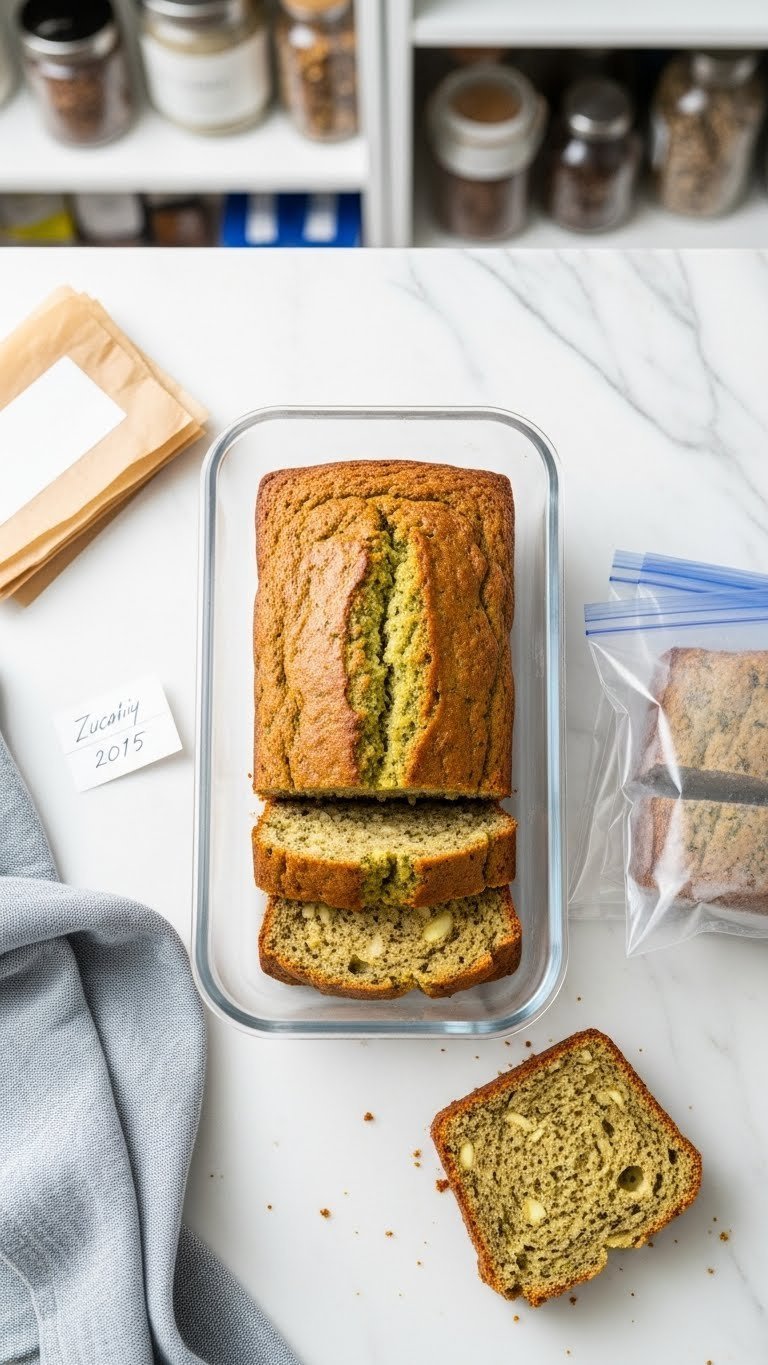 Sliced dairy-free zucchini bread arranged in freezer container with individual slices for meal prep storage