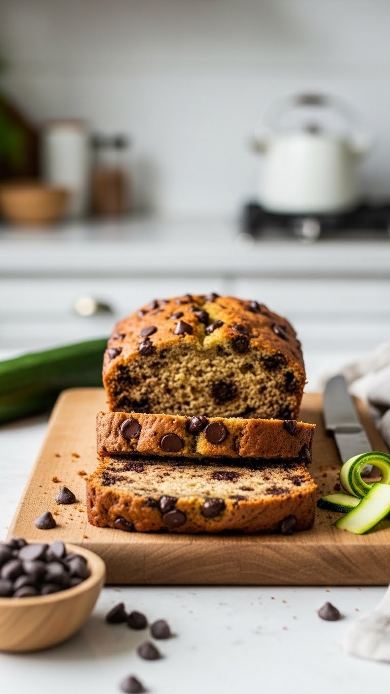 Sliced paleo chocolate chip zucchini bread with visible dark chocolate chunks and green zucchini flecks on rustic wooden cutting board