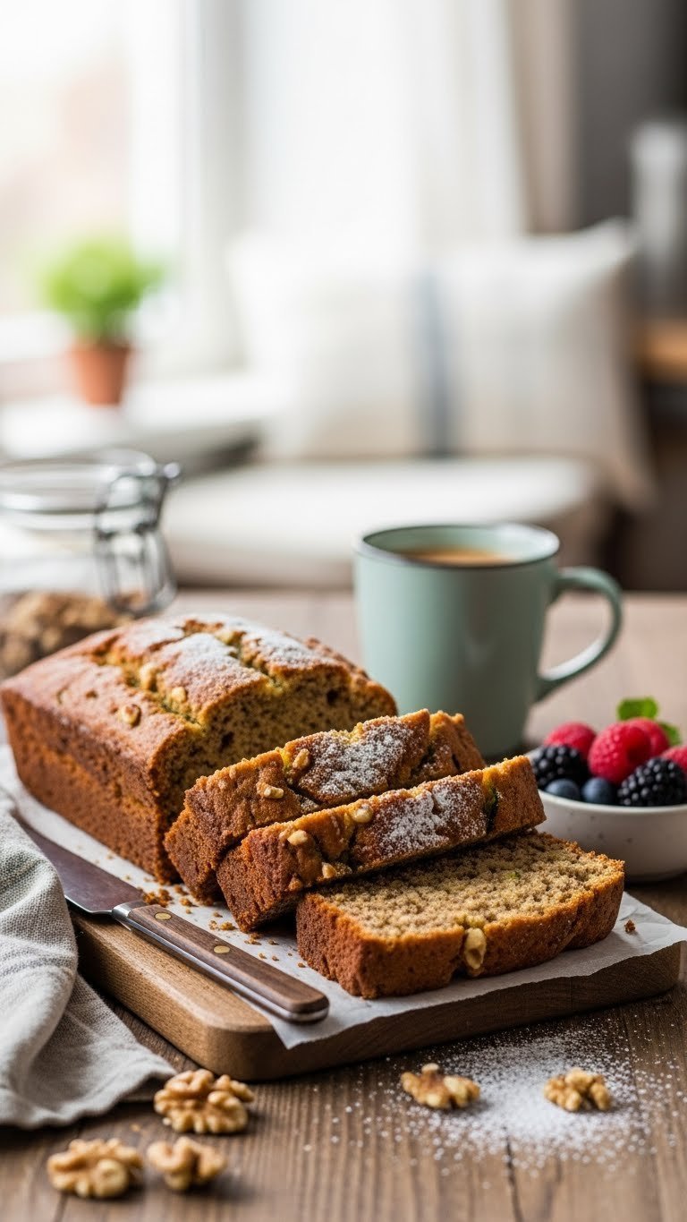 Sliced vegan zucchini bread arranged on rustic wooden board with berries and coffee in background