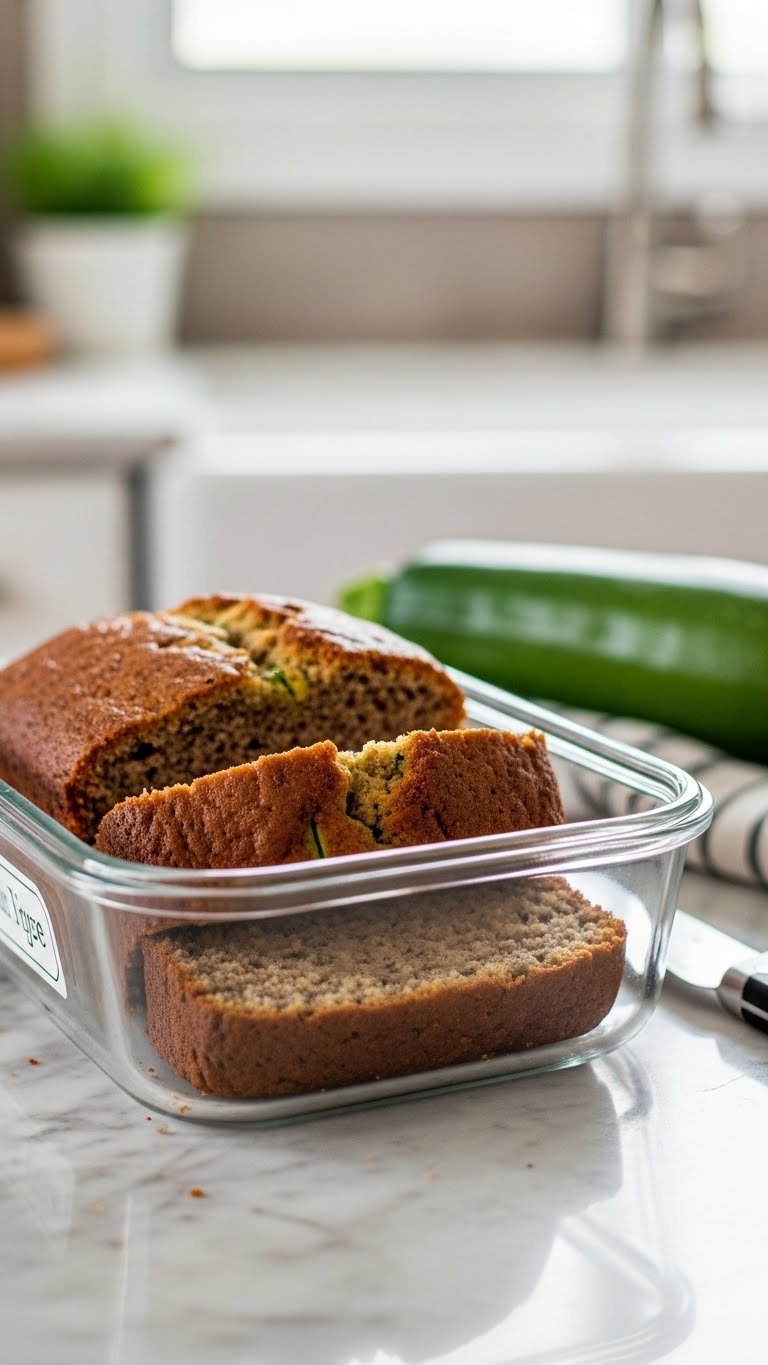 Moist Sugar-Free Zucchini: 9 Baking Secrets For Perfect Loaves 17 Sliced zucchini bread stored in clear glass airtight container with fresh green zucchini in background.