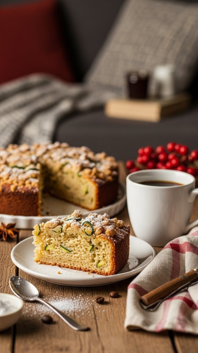 Sliced zucchini coffee cake slice with tender crumb and streusel topping served with steaming coffee on ceramic plate