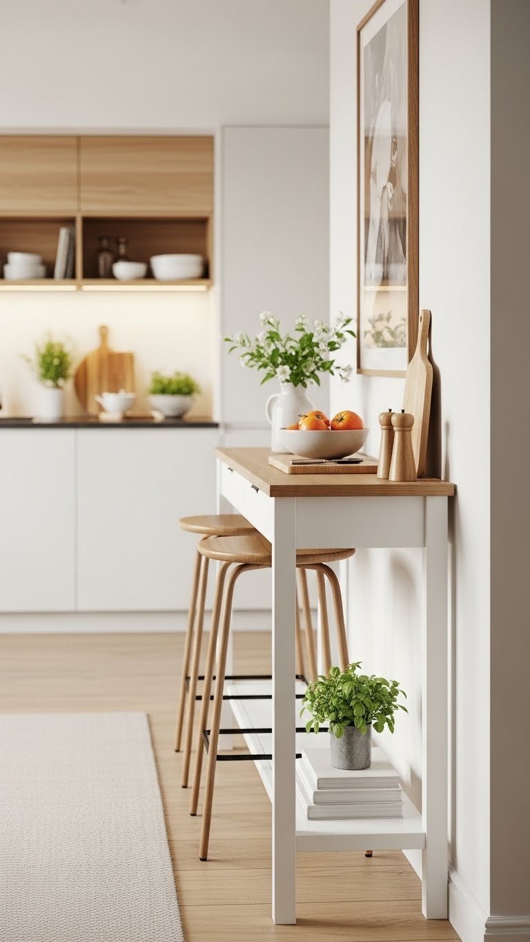 Slim console table repurposed as narrow kitchen island with fruit bowl and cutting board in compact space