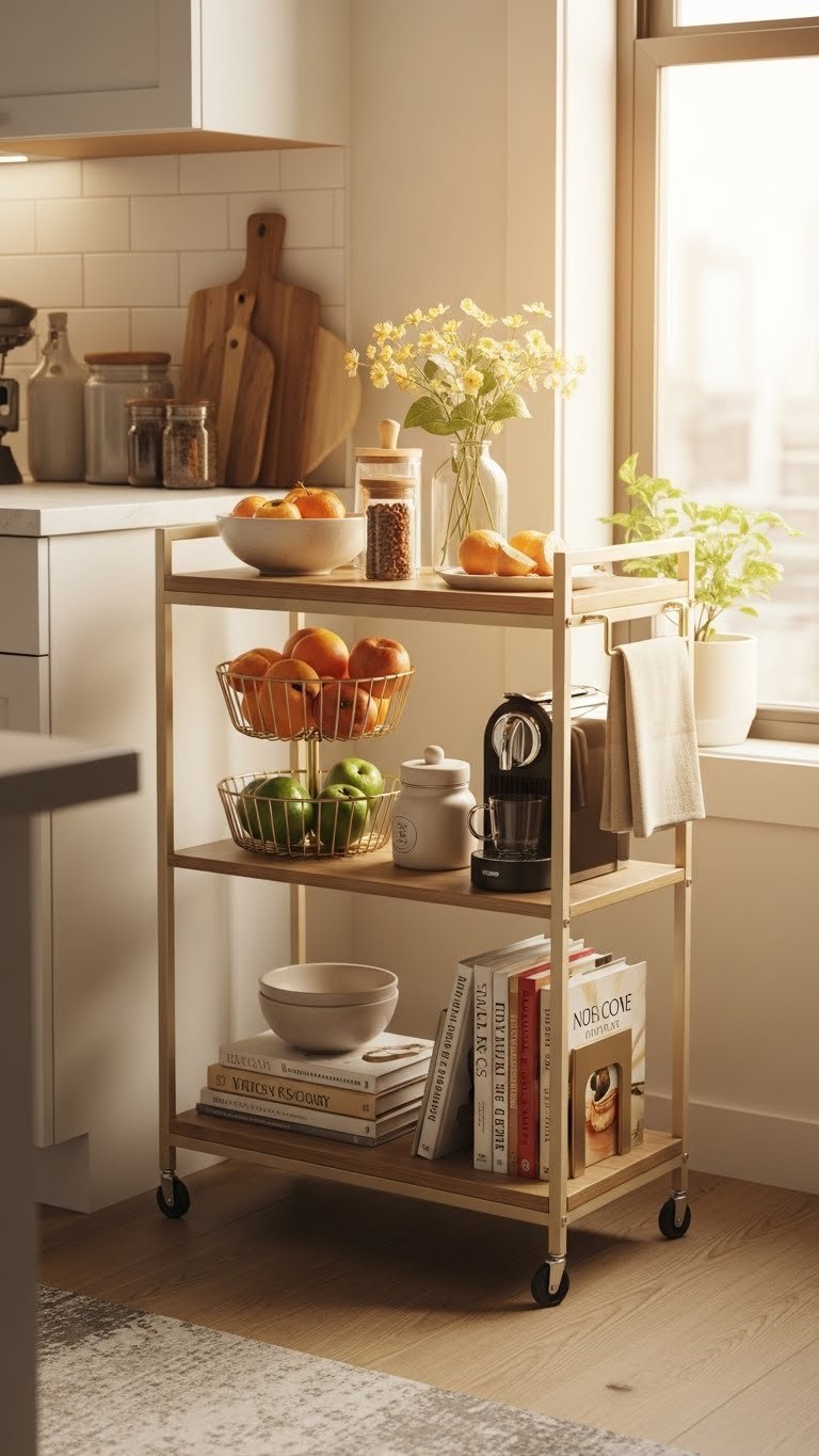 Slim rolling cart with fresh fruits, small appliances and cookbooks serving as kitchen storage and counter extension.