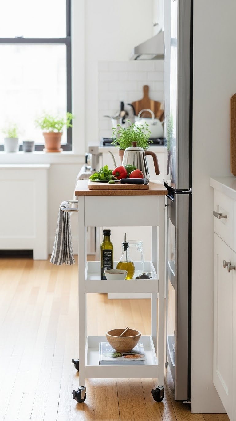 Slim rolling kitchen cart with cutting board and vegetables positioned next to refrigerator in tiny NYC kitchen