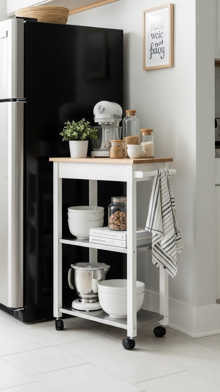 Slim rolling kitchen cart with three shelves organized with appliances and produce in small apartment kitchen