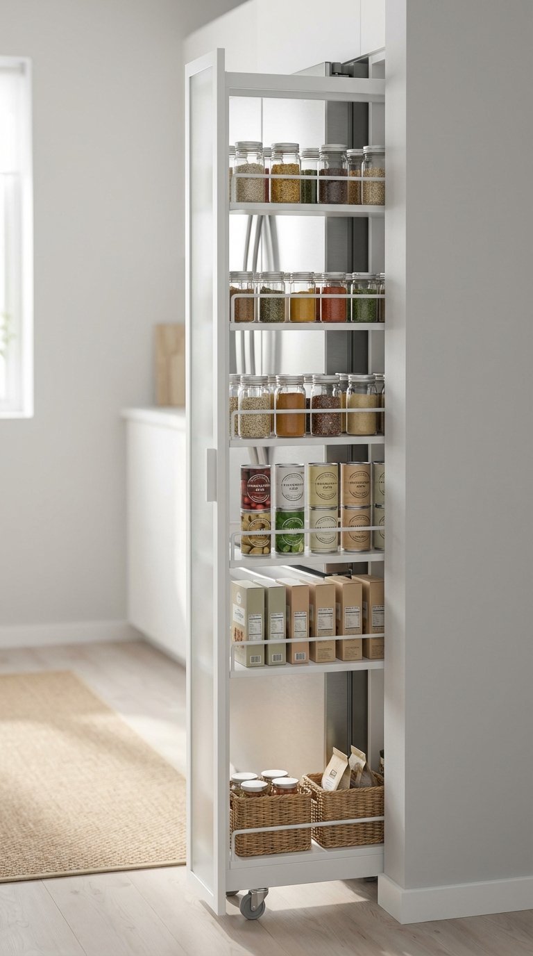 Slim rolling pantry unit filled with organized cans and spice jars tucked between refrigerator and wall.