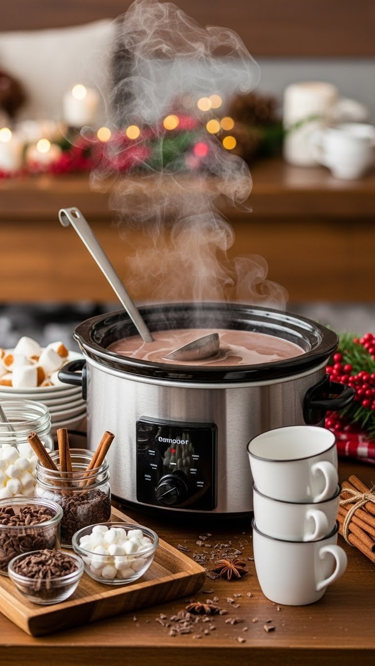 Slow cooker batch hot chocolate with ladle and mug stack ready for serving a crowd