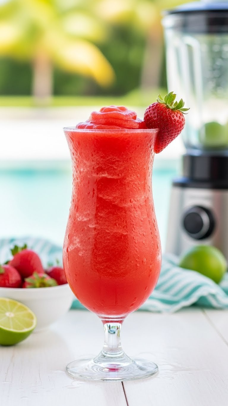 Slushy ruby-red frozen strawberry daiquiri in hurricane glass with whipped cream and strawberry garnish