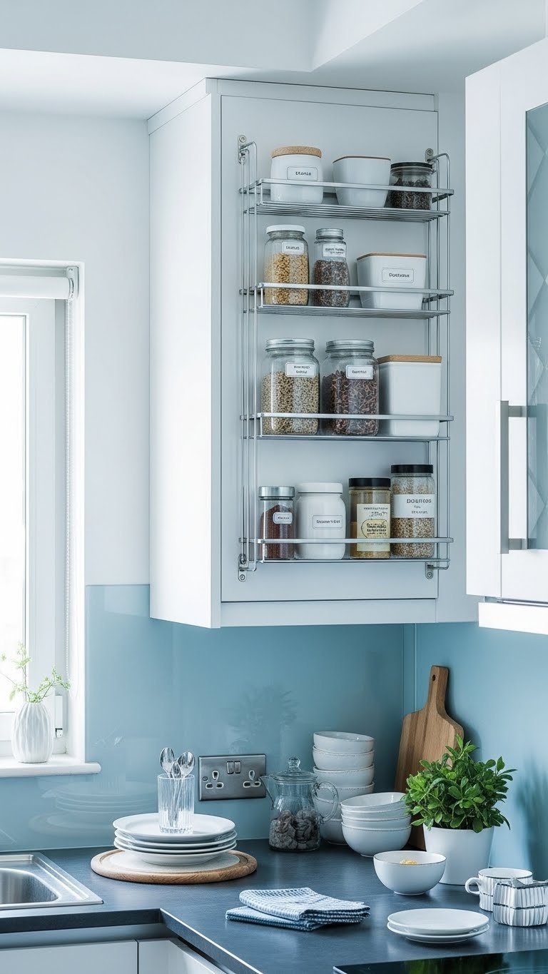 Small Indian apartment kitchen with smart vertical storage racks and organized spice jars in monochromatic blue and white