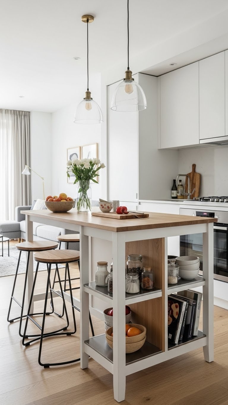 Small apartment kitchen island with built-in storage and bar stools featuring a light wood countertop.